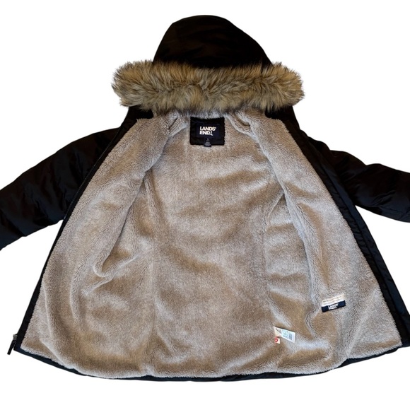 Lands’ End Parka Fleece Lined Faux Fur Hood Black Jacket Coat Snow Winter 10/12 - Picture 5 of 16